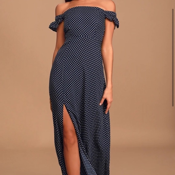 Lulus Dresses & Skirts - Lulu’s Dream Love Navy Blue Polka Dot Off-the-Shoulder Maxi Dress - SIZE S